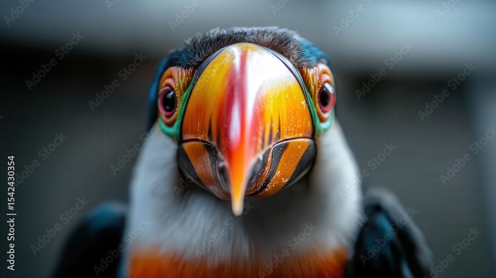 Fototapeta premium An intricate close-up of a vibrant toucan reveals its stunning beak and expressive eyes, showcasing the beauty and detail of this exotic bird in its natural environment.