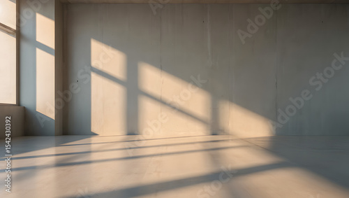 Empty room interior with sunlight streaming through a window, creating shadows on the wall and floor, ideal for architectural concepts or minimalist design presentations.