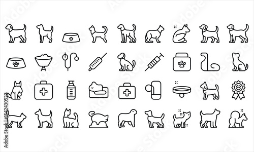Pet care icons set line art style