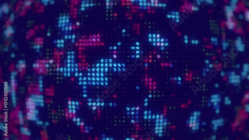 Hi tech motion graphic background, blue and red flickering dots on dark background