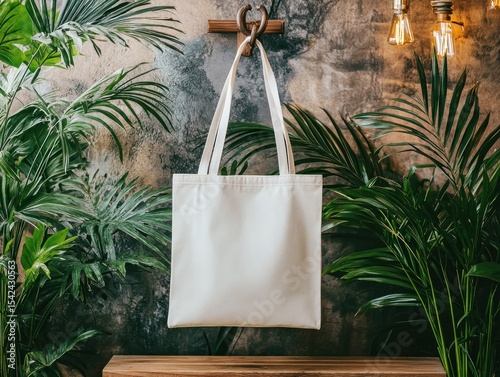 Blank tote bag hangs in a tropical interior setting
