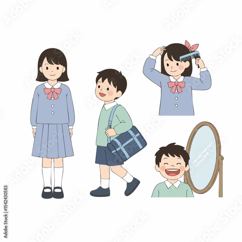 Cute Handdrawn Japanese Schoolchild Activities Illustration Character Design Set