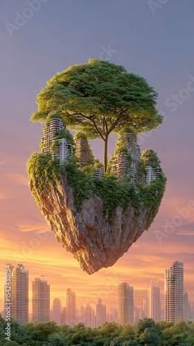 Broken weapon parts in soft light, Aerial view of a floating island with lush trees and ruins. Peace over destruction concept illustrated with contrasting visuals