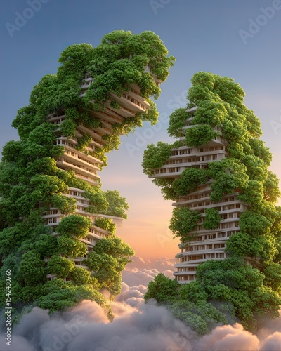 Broken weapon parts in soft light, Futuristic green skyscrapers merging nature with modern design. Peace over destruction concept illustrated with contrasting visuals