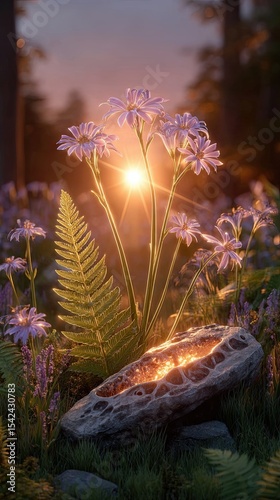 Broken weapon parts in soft light, Sunlit flowers bloom beside a decorative stone in a serene forest. Peace over destruction concept illustrated with contrasting visuals