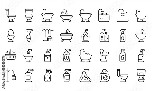 Bathroom icons set line art style