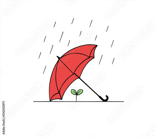 A minimal drawing of a Red umbrella protecting a green sprout from rain. This symbolic artwork represents care, growth, and protection. Perfect for decor, prints, and inspirational designs.