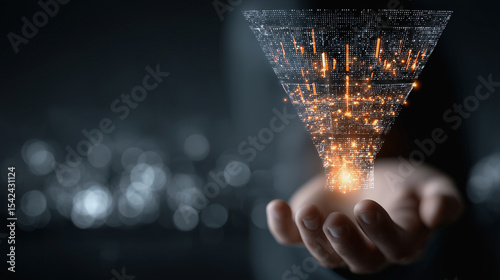 Hands present a marketing funnel with digital data overlay