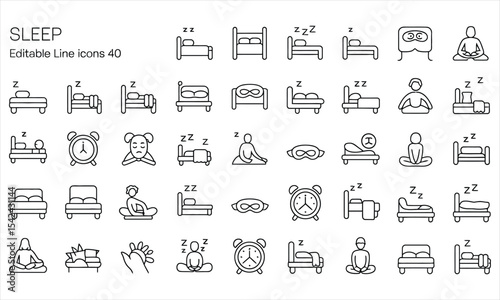 Forty editable line icons of sleep and rest