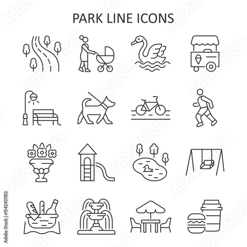 City park line icon set. Vector collection with ice cream truck, woman with child, swan, bicycle, dog, runner, playground, fountain, street food, bench.