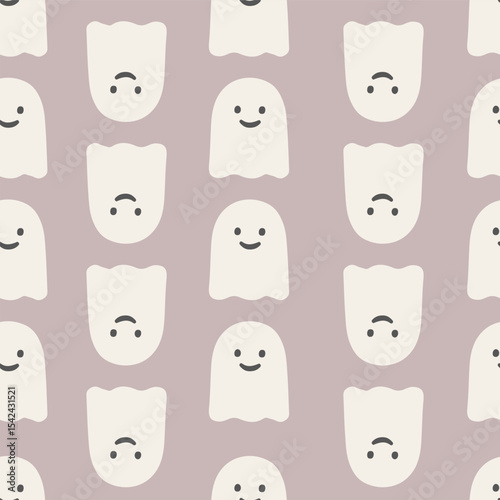 Cute ghost face seamless vector pattern in cream and mauve tones for Halloween kids textiles decor