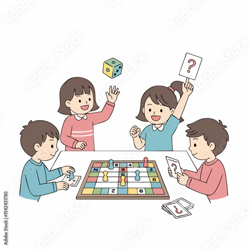 Cute Handdrawn Group of Children Playing Board Game Illustration
