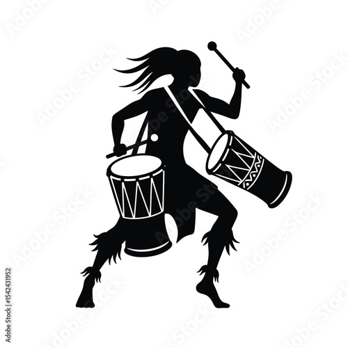 Dynamic Silhouette of a Native American Woman Playing Drums