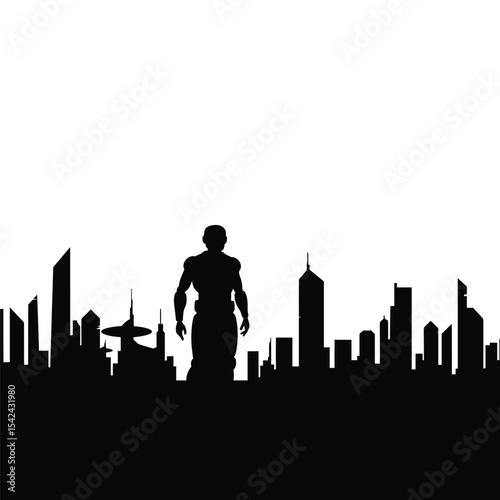 Silhouette of a Muscular Figure Standing Before a City Skyline