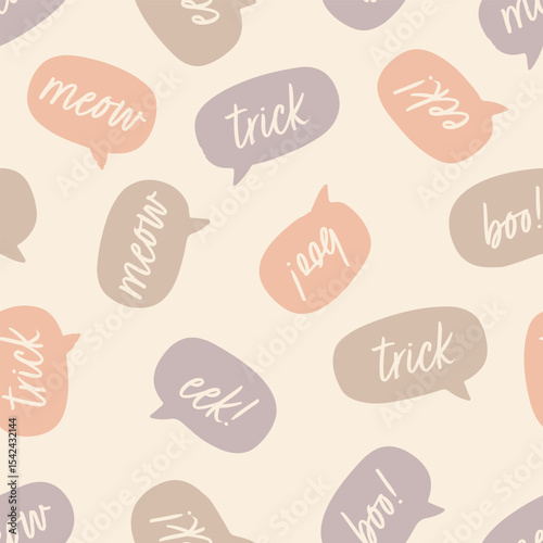 Pastel Halloween speech bubble seamless vector pattern with spooky text for kids and seasonal design