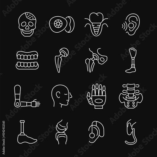 Prosthetics line white icon set. Vector collection of prostheses with implant, hearing aid, hip joint, bionic arm, prosthetic leg. Editable stroke.
