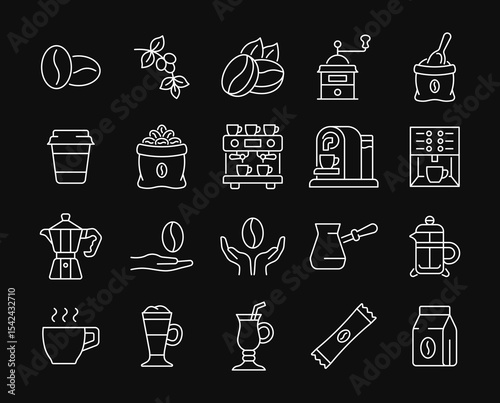 Coffee line white icon set. Vector collection with beans, grinder, beans bag, turkish cezve, coffee machine, latte, cappuccino, coffee maker, cup. Editable stroke.