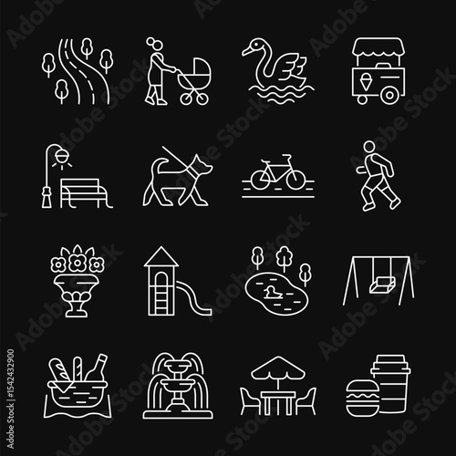 City park line white icon set. Vector collection with ice cream truck, woman with child, swan, bicycle, dog, runner, playground, fountain, street food, bench. Editable stroke.