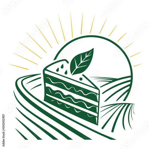 Green organic dessert logo with farm sunrise vector