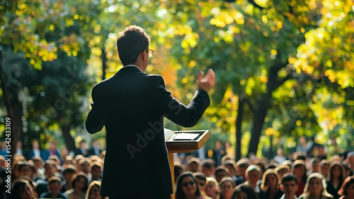 Man delivers speech outdoors to large audience. Speaker gives presentation at public event. Rally with listener group. Politics or training footage.
