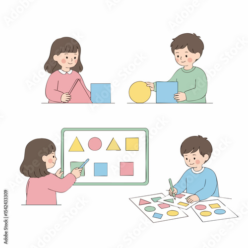Cute Hand Drawn Children Playing with Shapes Educational Illustration