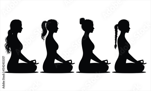Four women silhouettes meditating in lotus position