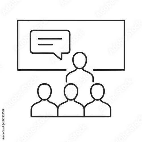 Minimalist line icon of business conference speaker and audience interaction