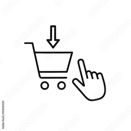 Minimalist line icon of placing order with hand click on shopping cart