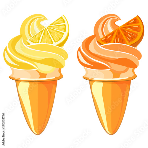 two ice creams with lemon and orange without background