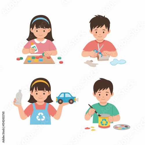 Cute Flat Illustration of Children Engaged in Recycling Crafts and Activities