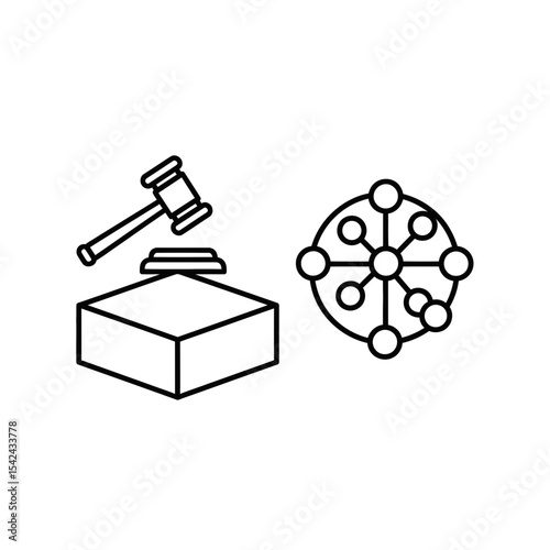Blockchain technology icon featuring gavel and network symbol