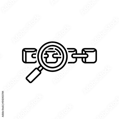 Blockchain technology icon with magnifying glass examining data
