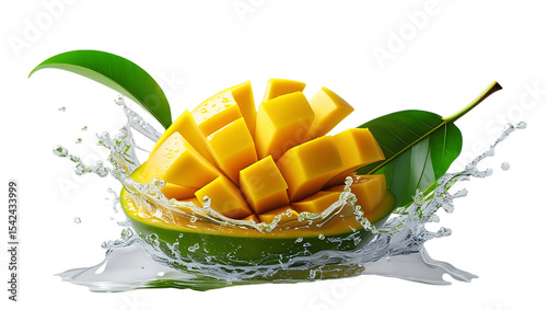 Juicy mango cubes splashing water isolated on transparent background isolated on white background