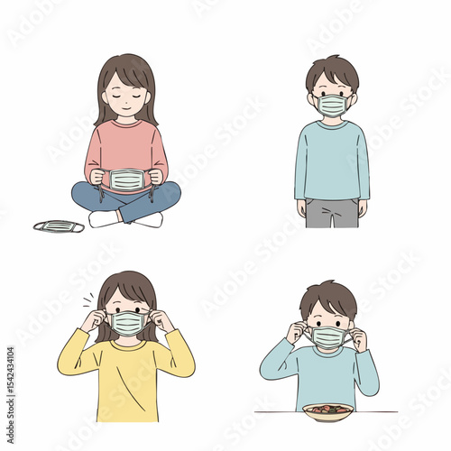 Cartoon Illustration of People Wearing and Using Face Masks for Protection