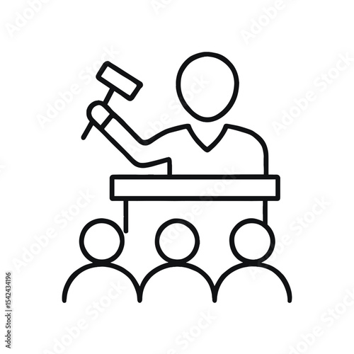 Auctioneer conducting bidding with audience in line art style  