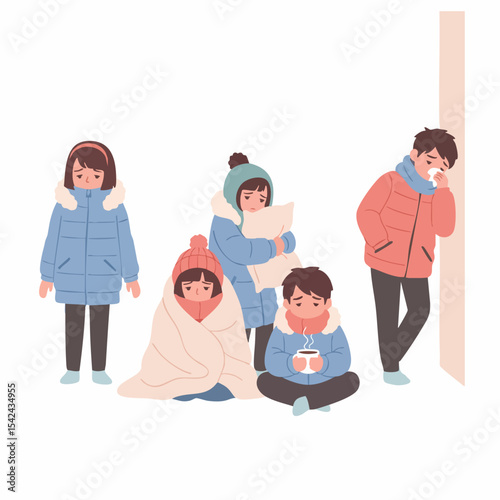 Flat Illustration Group of People Cold Winter Season Outdoor Scene