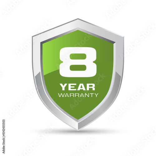 8 year warranty silver metal shield in green color. Eight year warranty shield vector illustration. Metallic security badge.