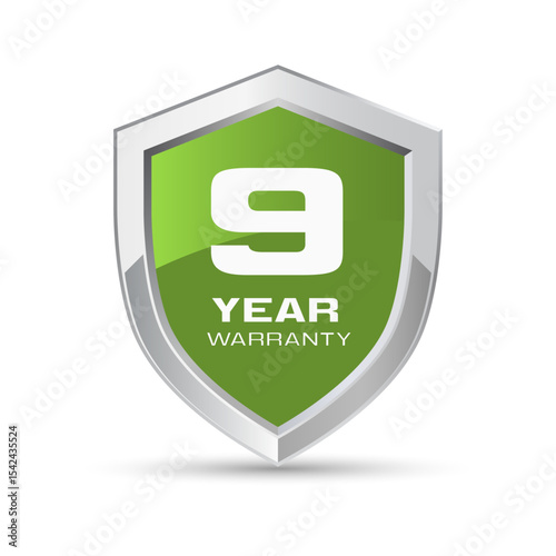 9 year warranty silver metal shield in green color. Nine year warranty shield vector illustration. Metallic security badge.