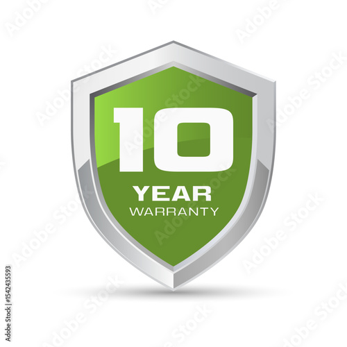 10 year warranty silver metal shield in green color. Ten year warranty shield vector illustration. Metallic security badge.