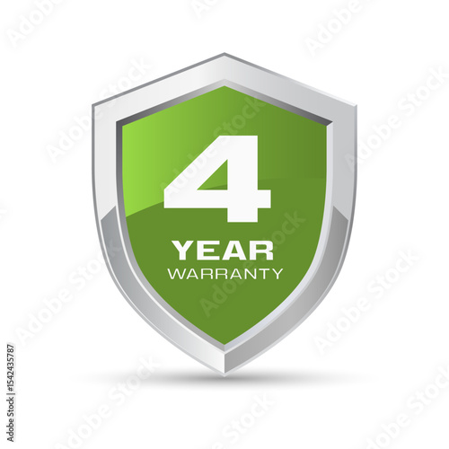 4 year warranty silver metal shield in green color. Four year warranty shield vector illustration. Metallic security badge.
