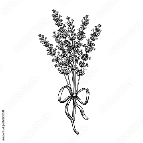 A bouquet of lavender flowers tied with a ribbon bow. A black-and-white vector graphic illustration made by hand. A design element for packaging, postcards, and labels. For banners, flyers and posters
