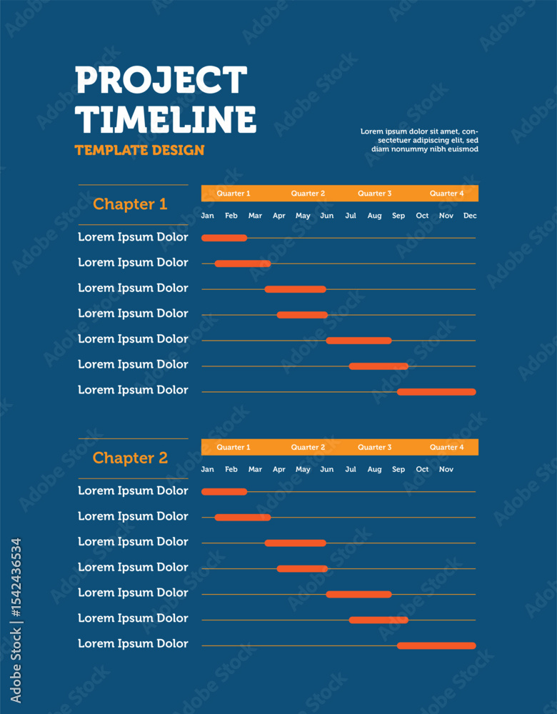 Obraz premium Detailed Project Timeline with Quarterly Breakdown and Task Tracking, Visual Representation of Project Phases, Milestones, and Deadlines for Clear Project Management