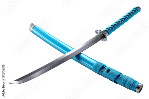 A striking blue katana with a curved blade rests beside its scabbard