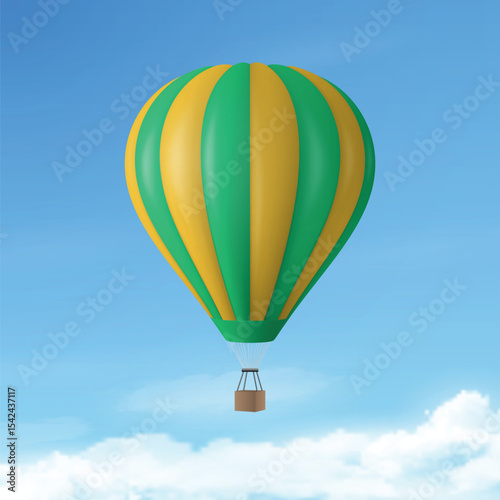 Vector Travel Banner with 3d Realistic Hot Air Balloon Icon on a Blue Sky Background. Design Template, Summer Vacation, Travelling, Tourism and Journey Concept