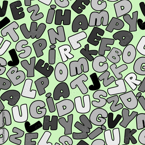 Seamless pattern with randomly placed letters in different shades of gray on a light green background. Hand drawn vector illustration for your design.