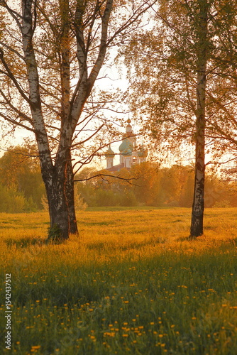 autumn morning in the park Church temple at sunset in spring