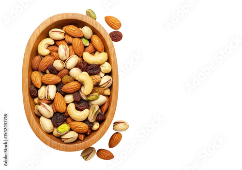 Wallpaper Mural Wooden bowl filled with a mix of nuts and dried fruits on a dark solid color surface top view on transparent background Torontodigital.ca