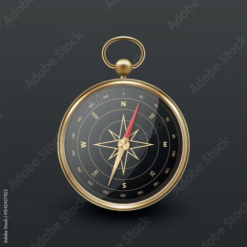 Realistic 3D Vector Compass with Gold Metallic Frame, Navigation Tool Illustration. Vintage Wind Rose Symbol on Dial, Compass Icon Close-up, Isolated