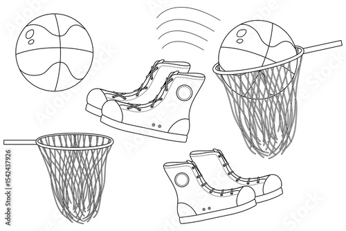 Coloring page with outline vector drawing of basketball set of balls, hoops, and sneakers. For entertaining kids activity, back to school or education black and white printable design, and DIY craft.