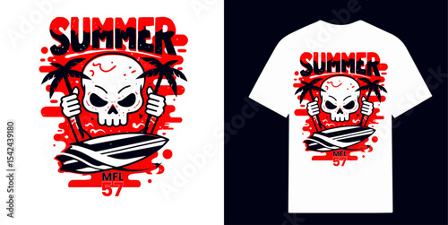 Cool Skull and Palm Tree Summer T-Shirt Design with Speedboat and Bold Typography - Trendy Streetwear Illustration for Youth Fashion and Merchandise